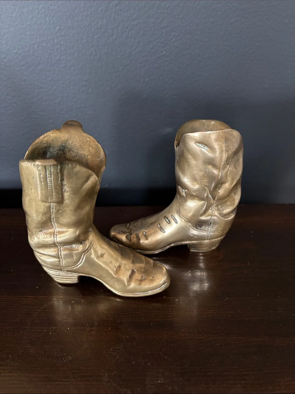 Vintage Pair of Brass Cowboy Boots Andrea by Sadek Western Rustic Decor 4” Tall